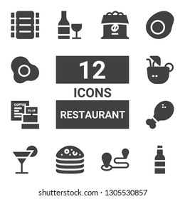 restaurant icon set. Collection of 12 filled restaurant icons included Beer, Travel, Cake, Cocktail, Chicken leg, Coffee, Coconut drink, Wine, Fried egg, Egg, Ribs