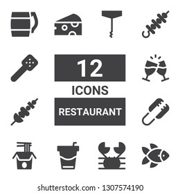 restaurant icon set. Collection of 12 filled restaurant icons included Fish, Crab, Beverage, Noodles, Tongs, Skewer, Toast, Cheese, Slotted spoon, Beer, Corkscrew