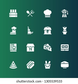 restaurant icon set. Collection of 16 filled restaurant icons included Rice, Beer, Sausage, Pizza, Stove, Cheese, Restaurant, Cook, Pot, Coffee, Hermit crab, Coffee maker, Chef