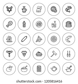 Restaurant icon set. collection of 25 outline restaurant icons with bottle, chicken leg, chicken, cake, beer, corkscrew, kettle, meat, lobster, pancake icons. editable icons.