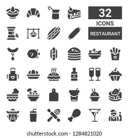 restaurant icon set. Collection of 32 filled restaurant icons included Barman, Cocktail, Chicken, Cooking, Drink, Mexican, Pancake, Rice, Beverage, Cutting board, Salad, Bowl