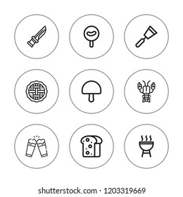 Restaurant icon set. collection of 9 outline restaurant icons with bbq, knife, lobster, mushroom, pie, spatula, sausage icons. editable icons.