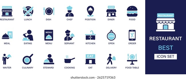 Restaurant icon set collection. Lunch, dish, chef, position, diner, food, meal, eating, menu, servant, kitchen, open, order and best solid icon set.
