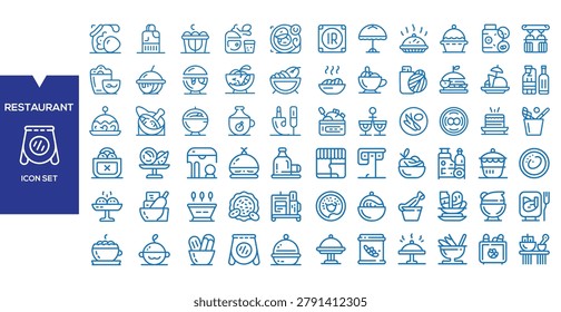 Restaurant Icon Set: A comprehensive collection of line art icons representing various elements of a restaurant, from food and drinks to dining services and kitchen equipment.