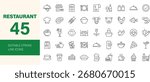 Restaurant icon set. Containing menu, food, drink, wine, cooking, eating, coffee, salad, breakfast, dinner, pizza, cocktail, vegetarian meal and more. Editable line icons. Vector illustration.