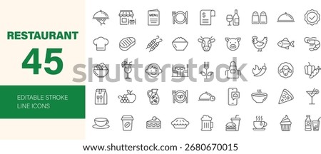 Restaurant icon set. Containing menu, food, drink, wine, cooking, eating, coffee, salad, breakfast, dinner, pizza, cocktail, vegetarian meal and more. Editable line icons. Vector illustration.