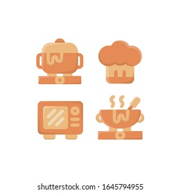 Restaurant Icon Set With Cooking, Chef Hat, Cooking Pot & Microwave, Vector Illustrations.