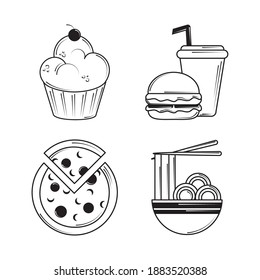 icono de restaurante conjunto cupcake burger soda pizza y fideos en línea estilo vector ilustración