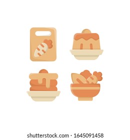 Restaurant Icon Set With Cutting Board, Pudding, Pancakes & Salad, Vector Illustrations.