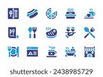 Restaurant icon set. Duotone color. Vector illustration. Containing pizza, hotdog, croissant, steak, spoon, cutlery, mug, restaurant, asian restaurant, menu, waitress, wine menu, box, dinner, food.