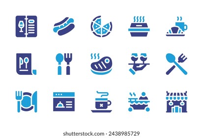 Restaurant icon set. Duotone color. Vector illustration. Containing pizza, hotdog, croissant, steak, spoon, cutlery, mug, restaurant, asian restaurant, menu, waitress, wine menu, box, dinner, food.