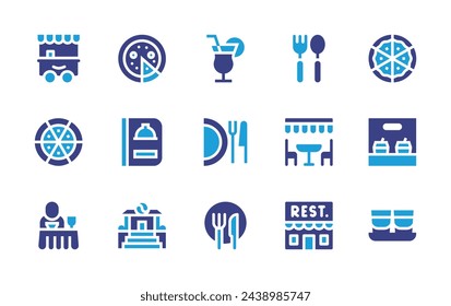 Conjunto de iconos de restaurante. Color duotono. Ilustración vectorial. Contiene carrito de comida, cubiertos, cóctel, pizza, terraza, plato, invitado, edificio del restaurante, menú, restaurante, tiros, café.