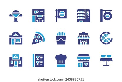 Restaurant icon set. Duotone color. Vector illustration. Containing food tray, restaurant, restaurant building, french fries, pizza, chef hat, menu, table.