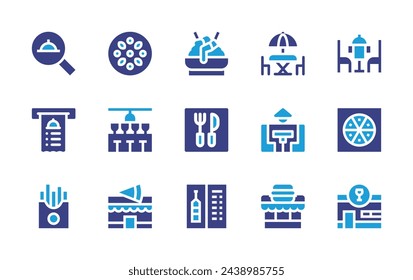 Restaurant icon set. Duotone color. Vector illustration. Containing pizza, cafe, search, teriyaki, dinner, bar, table, bill, fork, pizzeria, burger, french fries, wine menu.