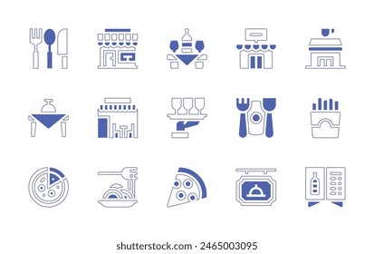 Restaurant icon set. Duotone style line stroke and bold. Vector illustration. Containing dining table, cafe, pasta, cutlery, pizza, restaurant, french fries, catering, menu, table.