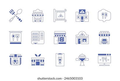 Restaurant icon set. Duotone style line stroke and bold. Vector illustration. Containing restaurant, vegetarian restaurant, food pack, food tray, restaurant building.