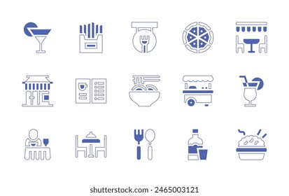 Restaurant-Icon-Set. Linienstrich im Duotonstil und fett. Vektorillustration. Besteck, Cocktail, Tischreservierung, Terrasse, Gast, Reisschale, Streetfood, Yakisoba, Restaurant, Wodka.