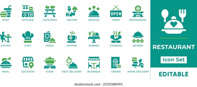 Restaurant Icon Set. Features editable icons for restaurant symbols, food, dining, cafe, kitchen, service, and menu. Perfect for restaurant websites, food delivery apps, and culinary businesses.