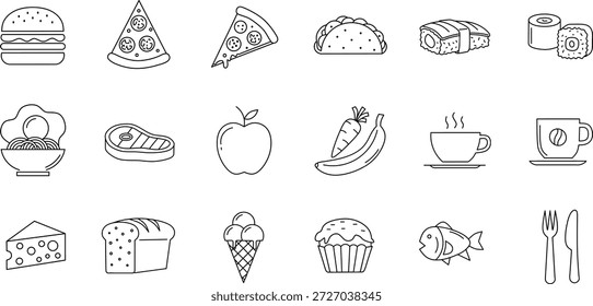 Symbolsatz für das Restaurant. Mit Burger-, Pizza-, Taco-, Sushi-, Kaffee-, Steak-, Obst-, Gemüse- und Dessertsymbolen