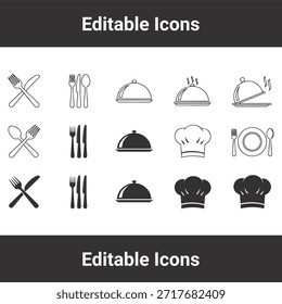Conjunto de ícone restaurante com talheres, chapéu de chef e símbolos de prato de comida para restaurantes e conceitos de design de catering