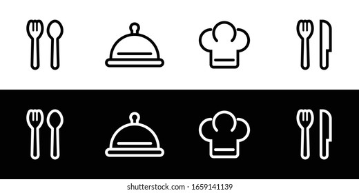 Restaurant icon set. Flat design icon collection isolated on black and white background. Spoon and fork, food cover, chef head, fork and knife.