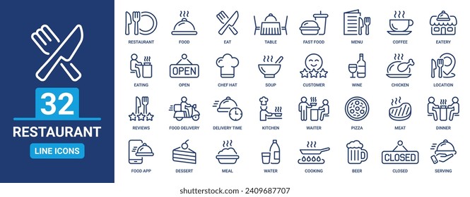 Restaurant icon set. Food, eat, dinner, kitchen, food delivery, menu, cooking, chef hat, meal and more. Vector outline icons collection.