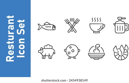 Restaurant icon set. Food. fish, cup, coffee, mutton, hen, rice, rice with payola, etc. 