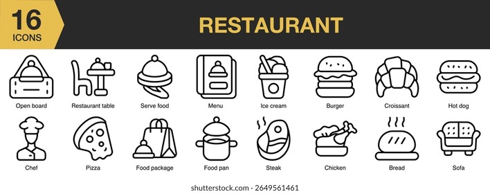 Restaurant icon set. Includes restaurant, dining, food, service, table, and More. Outline icons vector collection.