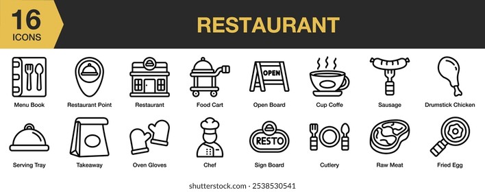 Conjunto de iconos de restaurante. Incluye Carrito de comida, huevo frito, libro de menú, pensión abierta y más. Colección de Vector de iconos de contorno.