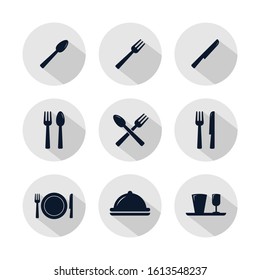 Restaurant icon set isolated on grey circle. Restaurant element set