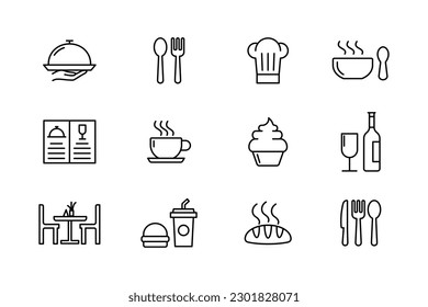 Restaurant icon set line style. illustration isolated on white background.Suitable for info graphics, websites and print media. Black and white flat line icons.