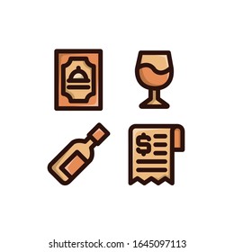 Restaurant Icon Set With Menu, Bill, Wine Glass & Wine, Vector Illustrations.
