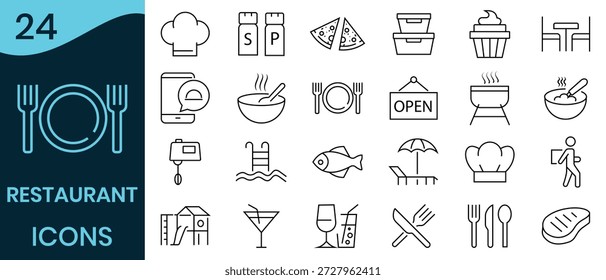 Conjunto de iconos de restaurante. Icono de nuestra línea de comida, negocios, cocina, entrega de alimentos, carne, pescado, cerdo, carne de res, comida, bebidas. Ilustración vectorial.
