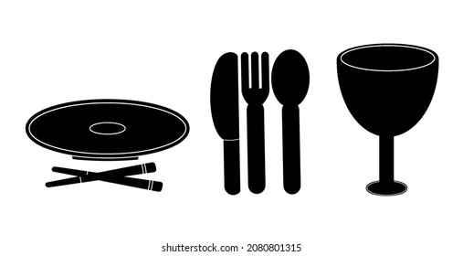 restaurant icon set with plate, chopsticks, spoon, and a glass of drink. Isolated on a white background. Vector illustrations.