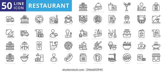 Restaurant icon set with prepares and serves, fast food, drinks, eating, take out, delivery, cuisines, cafeterias and family.