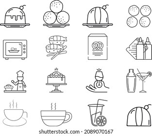 Juego de iconos de restaurante adecuado para gráficos de información, sitios web y medios impresos. Iconos de línea plana en blanco y negro.
