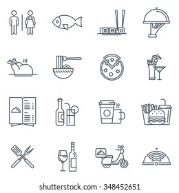 Juego de iconos de restaurante adecuado para gráficos de información, sitios web y medios impresos. Iconos de línea plana en blanco y negro.