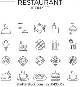 Conjunto de iconos del restaurante. Iconos de línea delgada configurados. Iconos para comida y bebida, restaurante, cafetería y bar, entrega de comida.