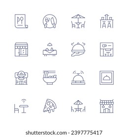 Restaurant icon set. Thin line icon. Editable stroke. Containing terrace, hot food, bell, bar, menu, restaurant, asian restaurant, wifi, cutlery, family meal, noodle, pizza slice.