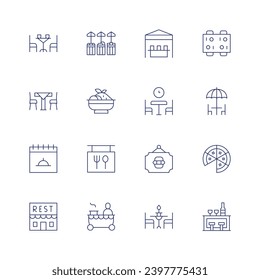 Restaurant icon set. Thin line icon. Editable stroke. Containing food stand, dinning table, lunchtime, terrace, sign, pizza, dinner, bar, table, restaurant, restaurant building, street market.