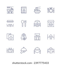 Restaurant icon set. Thin line icon. Editable stroke. Containing pad thai, bar, pub, food tray, vegetarian, restaurant, terrace, menu, table, food cart, cutlery, waiter.