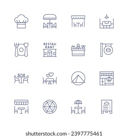 Restaurant icon set. Thin line icon. Editable stroke. Containing rest area, bar, dish, cafe, dinner, chef, restaurant, restaurant menu, terrace, outdoor, romantic dinner, pizza.