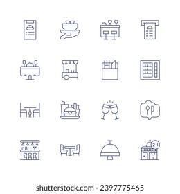 Restaurant icon set. Thin line icon. Editable stroke. Containing table, cutlery, toast, buffet, bill, food and restaurant, restaurant, recipe, food tray, wedding dinner, food cart, fast food, pub.