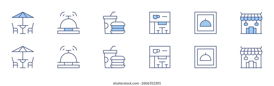 Restaurant icon set in two styles, Duotone and Thin Line style. Editable stroke. terrace, bell, restaurant, asian restaurant, fast food.