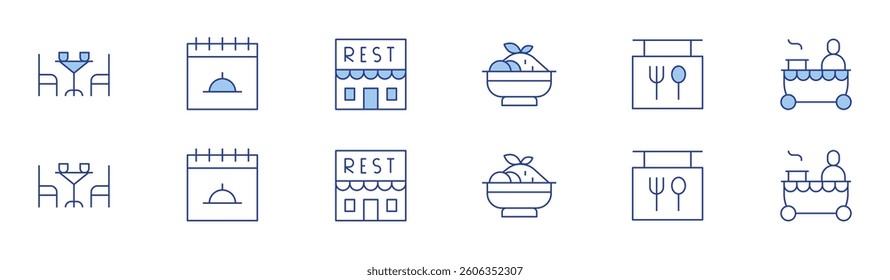 Restaurant icon set in two styles, Duotone and Thin Line style. Editable stroke. table, restaurant, restaurant building, tzatziki, food stall.