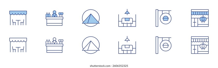Restaurant icon set in two styles, Duotone and Thin Line style. Editable stroke. rest area, bar, dish, dinner, restaurant.