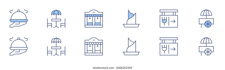 Restaurant icon set in two styles, Duotone and Thin Line style. Editable stroke. hot food, cafe, napkin, restaurant, food cart.