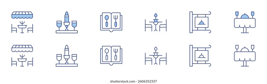 Restaurant icon set in two styles, Duotone and Thin Line style. Editable stroke. dinner, restaurant, glasses, menu.