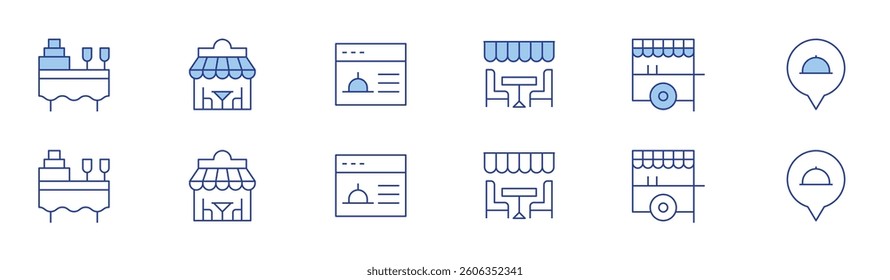 Restaurant icon set in two styles, Duotone and Thin Line style. Editable stroke. catering, dinner table, restaurant, street food.