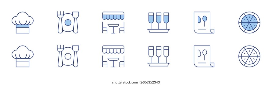 Restaurant icon set in two styles, Duotone and Thin Line style. Editable stroke. champagne, chef, menu, restaurant, terrace, pizza.